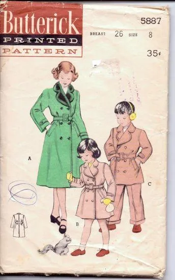 Butterick 5887 Girl Boy Double Breasted Reefer Coat Belted Vintage 1950's Sewing Pattern