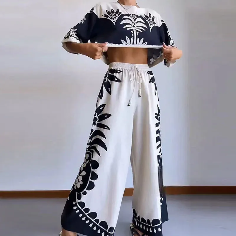 Casual Loose Spring Summer O-neck Pullover Wide Leg Bohemian Printed Two-piece Fashion 2024 Set