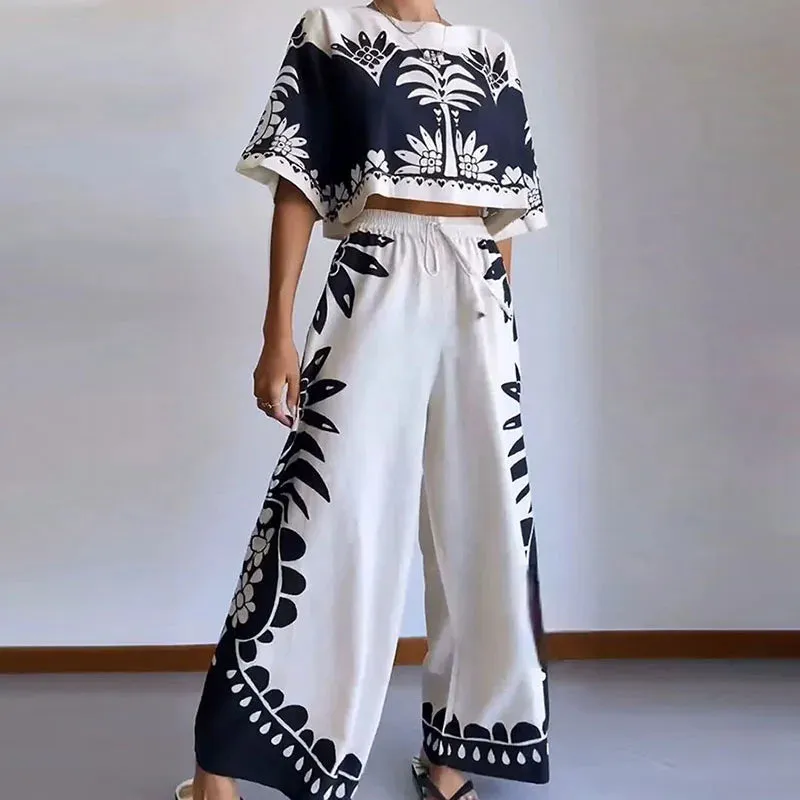 Casual Loose Spring Summer O-neck Pullover Wide Leg Bohemian Printed Two-piece Fashion 2024 Set