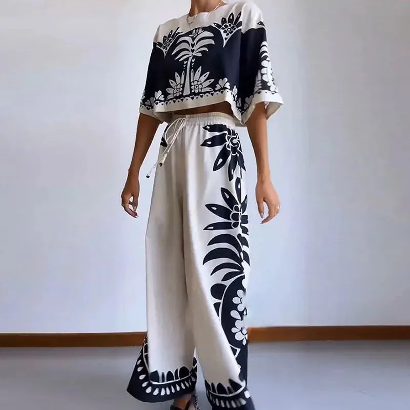 Casual Loose Spring Summer O-neck Pullover Wide Leg Bohemian Printed Two-piece Fashion 2024 Set