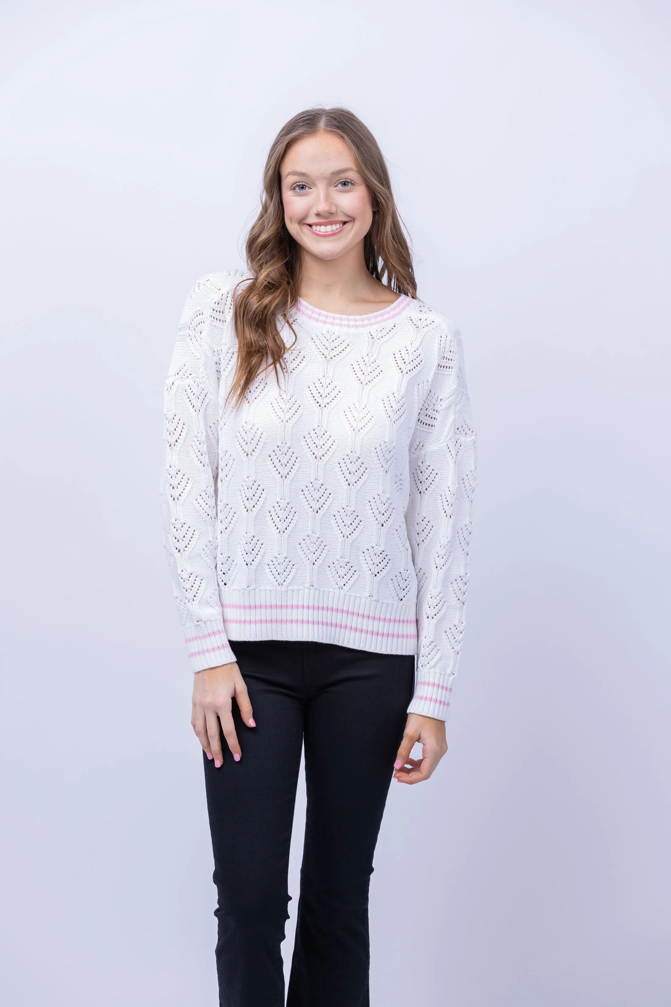 Central Park West Delilah Pointelle Crewneck Sweater in Ivory