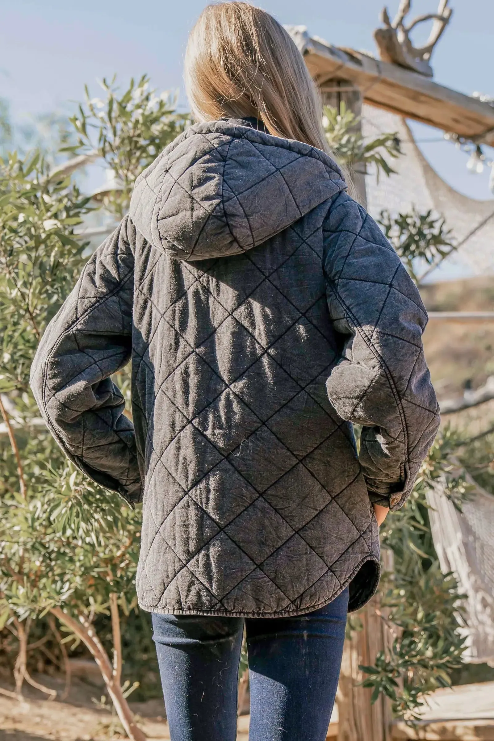 CHARCOAL WASHED QUILTING AND PADDING HALFF ZIP-UP HOODIE