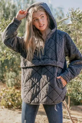 CHARCOAL WASHED QUILTING AND PADDING HALFF ZIP-UP HOODIE