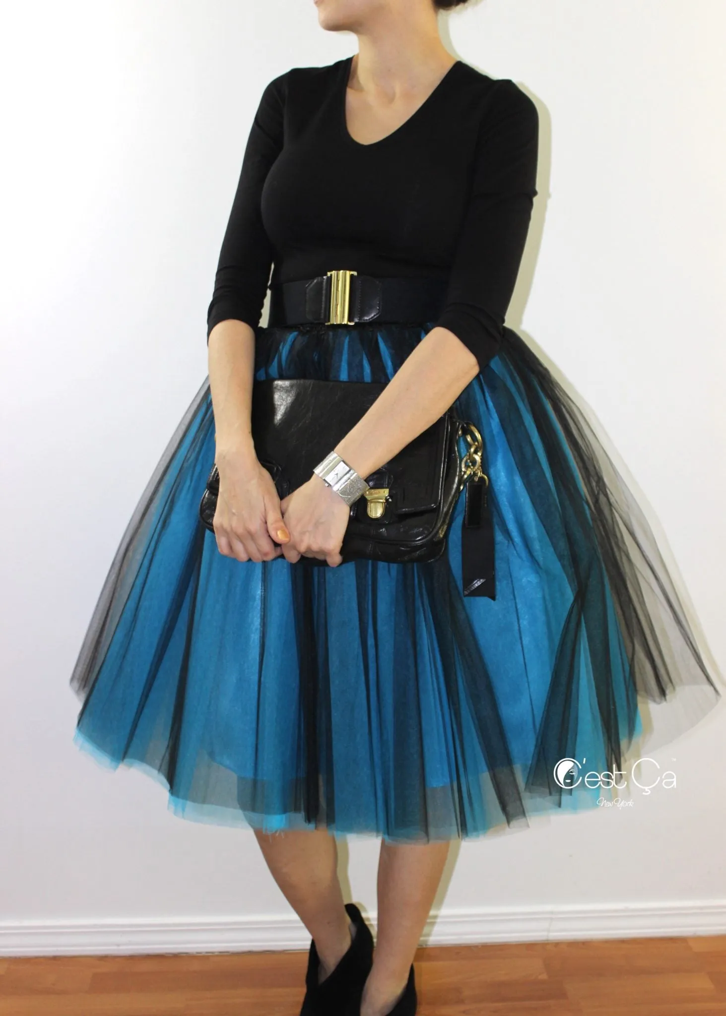 Clarisa Ombre Tulle Skirt - Sky Blue & Black, Midi