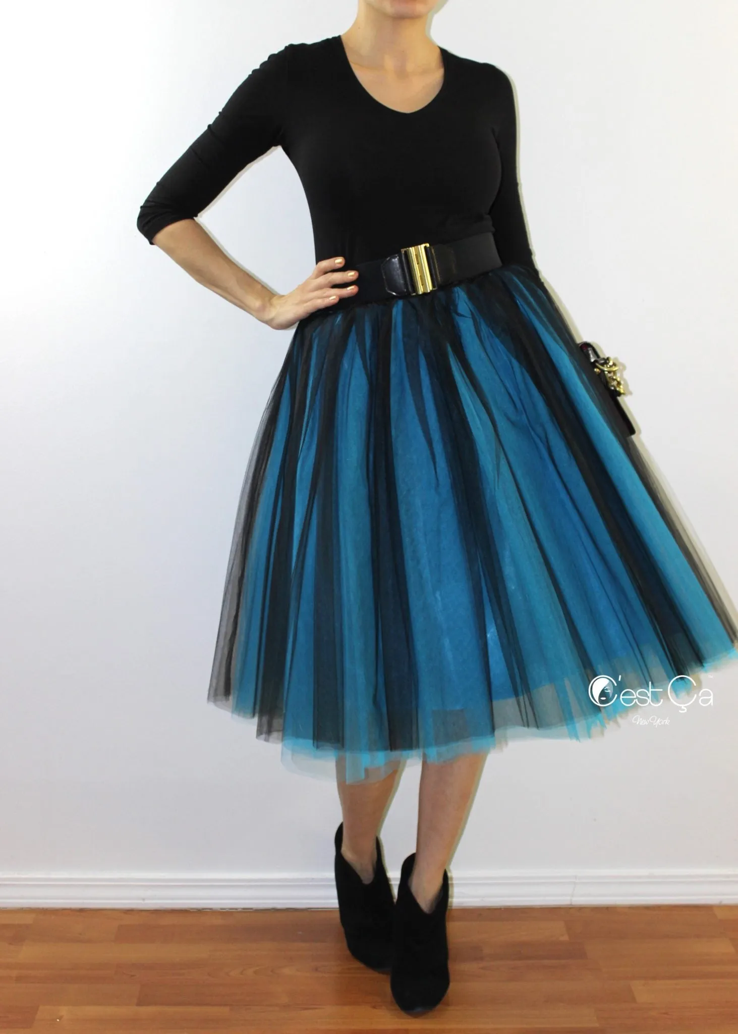 Clarisa Ombre Tulle Skirt - Sky Blue & Black, Midi