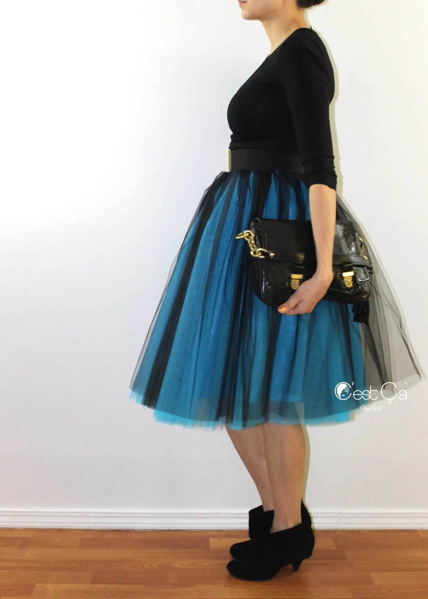 Clarisa Ombre Tulle Skirt - Sky Blue & Black, Midi