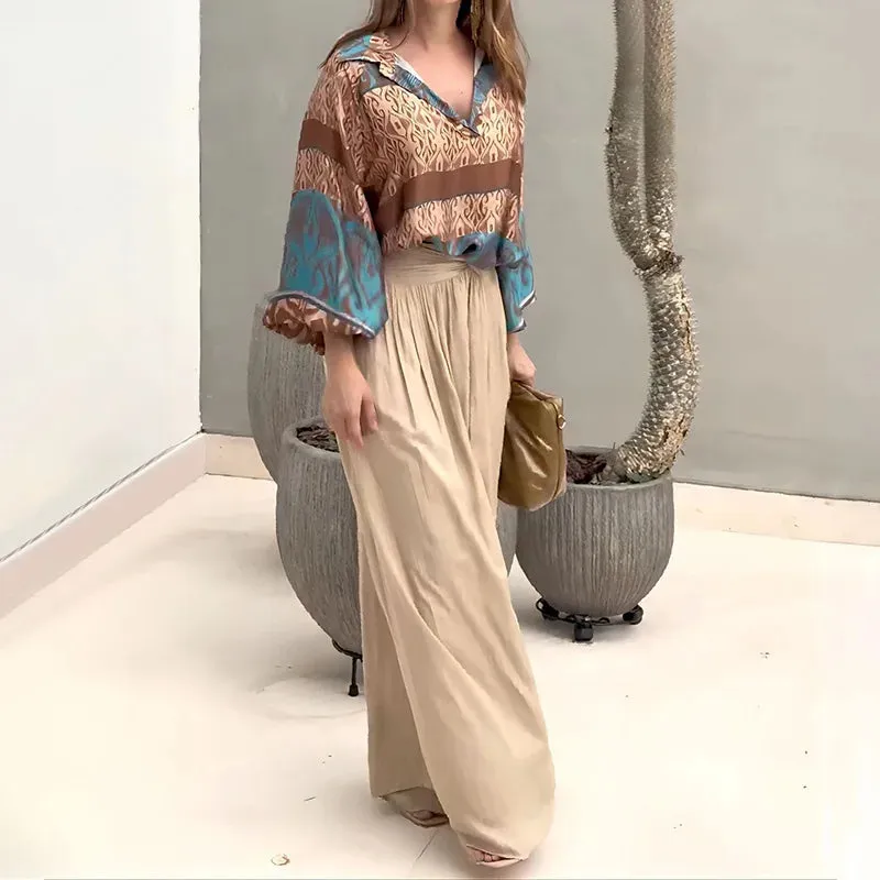 Commute Long Sleeve Office Elegant Printed Loose Lapel V-neck Blouse Top Wide Leg Pants Lady Set