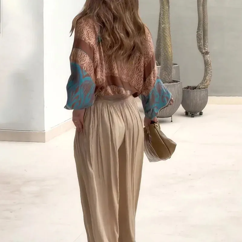 Commute Long Sleeve Office Elegant Printed Loose Lapel V-neck Blouse Top Wide Leg Pants Lady Set