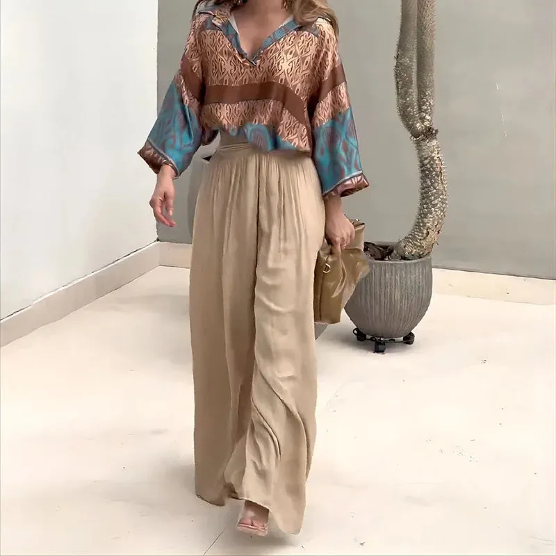 Commute Long Sleeve Office Elegant Printed Loose Lapel V-neck Blouse Top Wide Leg Pants Lady Set