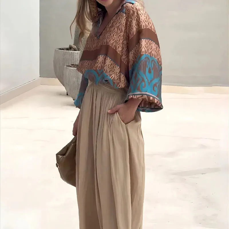 Commute Long Sleeve Office Elegant Printed Loose Lapel V-neck Blouse Top Wide Leg Pants Lady Set