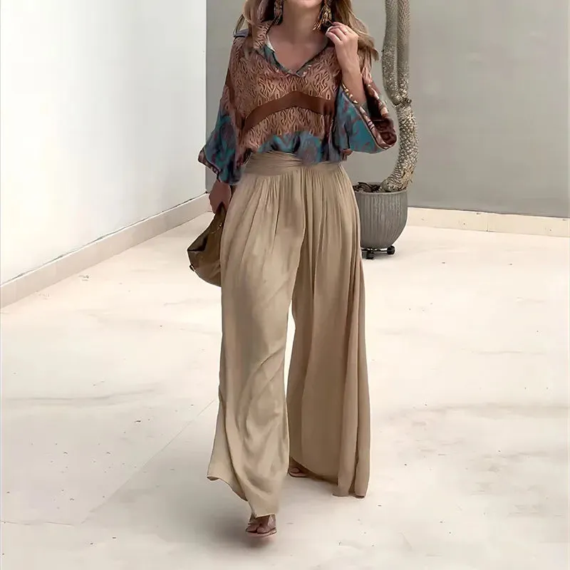 Commute Long Sleeve Office Elegant Printed Loose Lapel V-neck Blouse Top Wide Leg Pants Lady Set