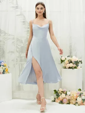 Cornflower Blue Silk Satin Cowl Neck Spaghetti Straps Button Slit Bridesmaid Dresses