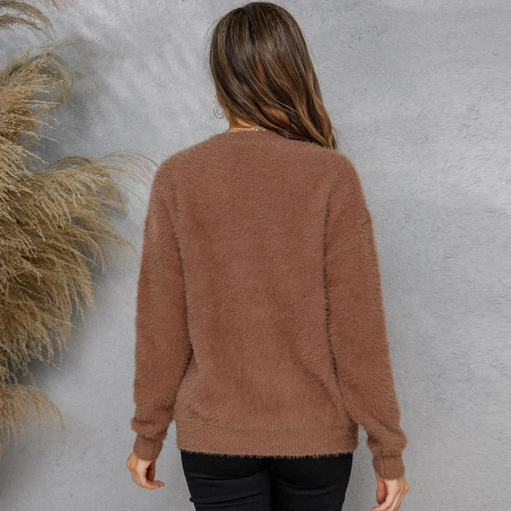 Cozy Soft Crew Neck Drop Shoulder Eyelash Knit Pullover Mohair Sweater