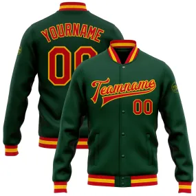 Custom Green Red-Gold Bomber Full-Snap Varsity Letterman Jacket