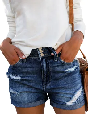 Dark Blue Triple Button Faded Distressed Denim Shorts