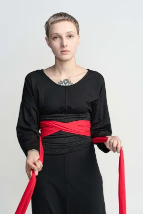 Dark Grey and Red Wrap Obi Belt