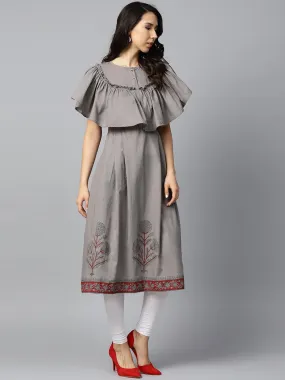 Dark Grey Block Printed Sleeveless Poncho Style Cotton A-Line Kurta