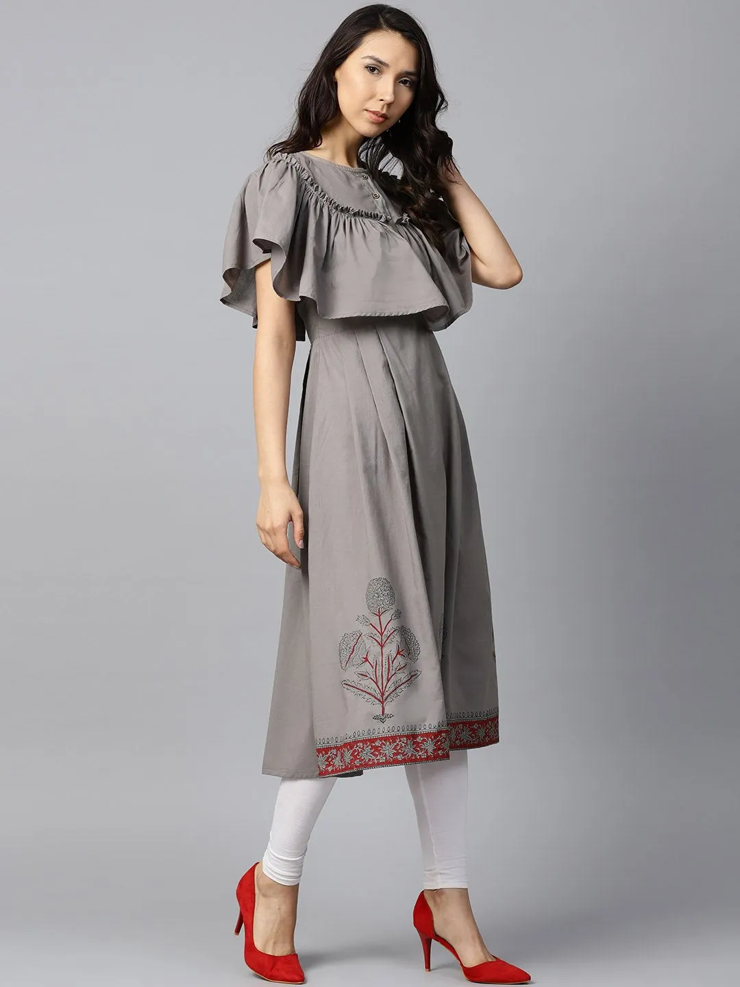 Dark Grey Block Printed Sleeveless Poncho Style Cotton A-Line Kurta