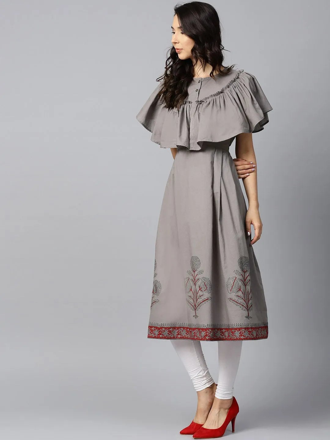 Dark Grey Block Printed Sleeveless Poncho Style Cotton A-Line Kurta