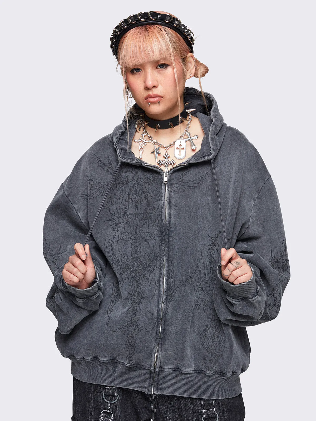 Enigmatic Grey Wash Oversized Zip Up Hoodie