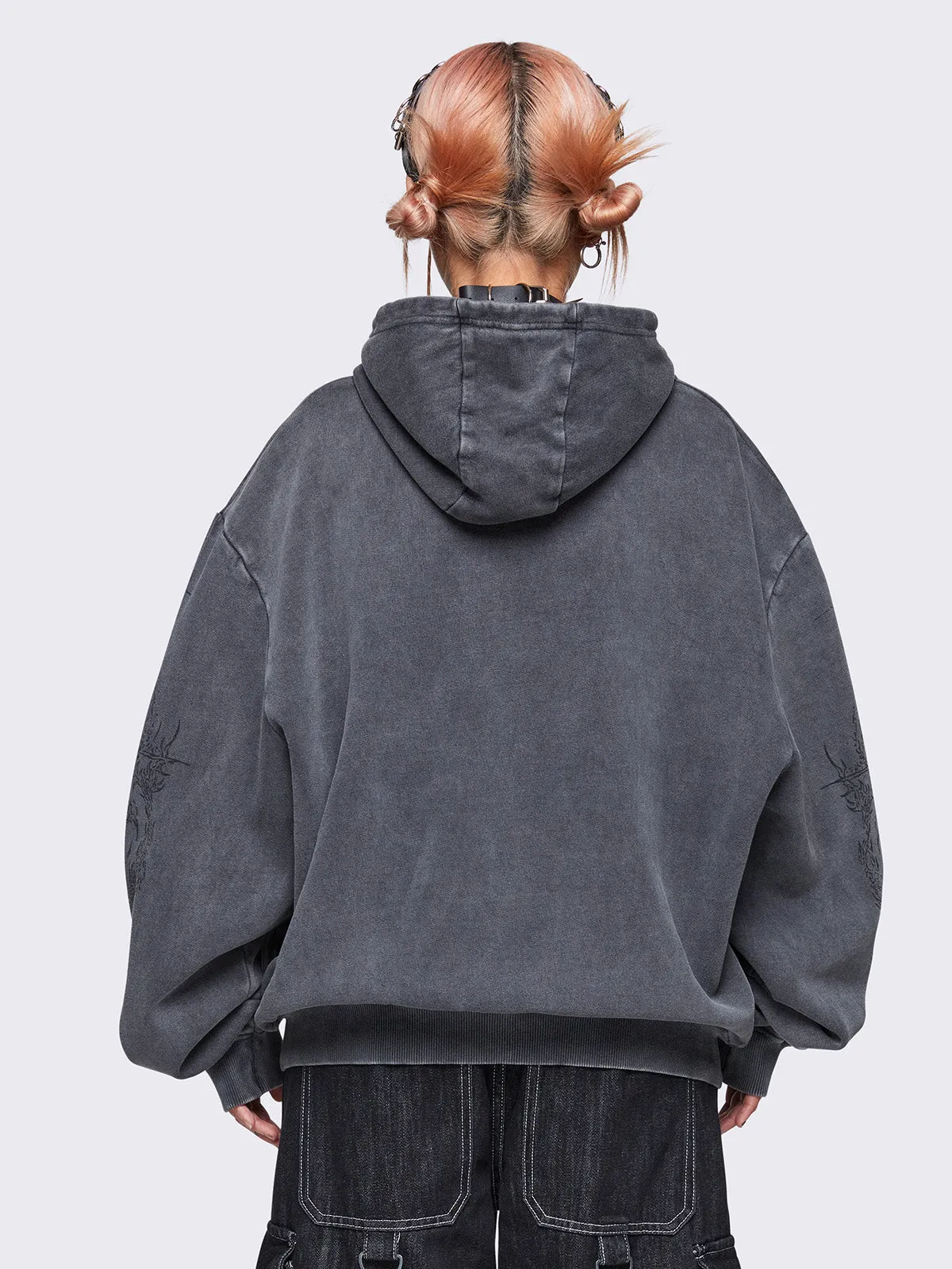 Enigmatic Grey Wash Oversized Zip Up Hoodie