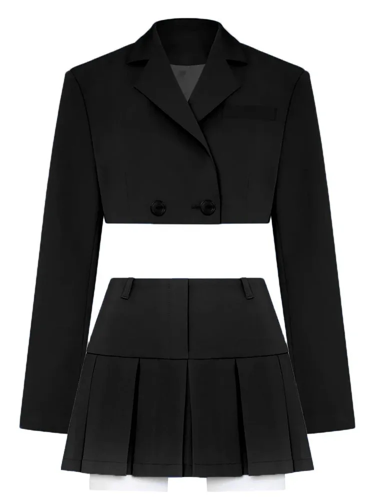 Fall Women Blazer Suit Two Piece Sets Turn-down Collar Blazers Tops And Pleated Skirts Femme High Street Y2K Outfits