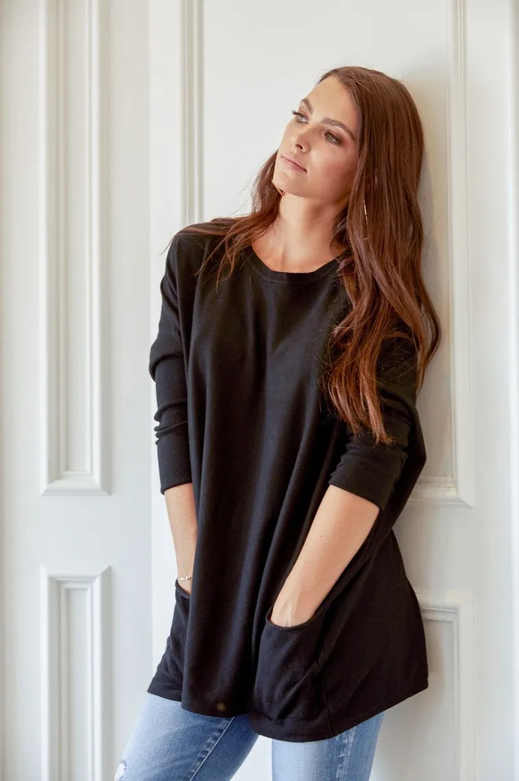 Falling In Love Two Pocket Sweater In Black