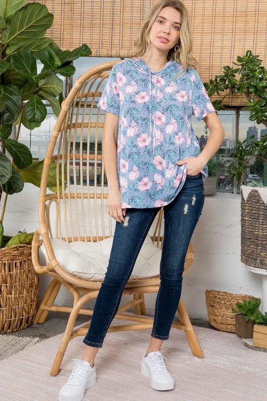 Floral Short Sleeve Hooded Sweatshirt Top