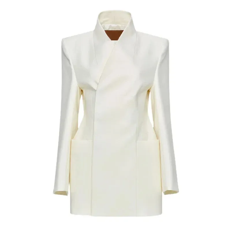 Flytonn-Elegant white lapel flared sleeve jacket 2024 Europe and America autumn winter new fashion women's pocket commuter coat dress