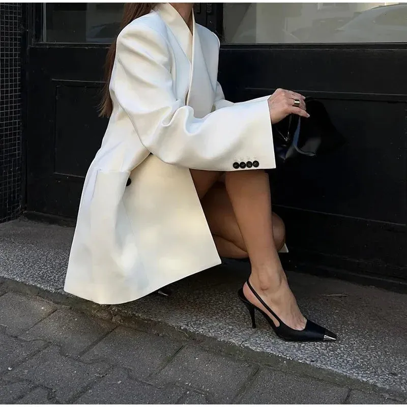 Flytonn-Elegant white lapel flared sleeve jacket 2024 Europe and America autumn winter new fashion women's pocket commuter coat dress