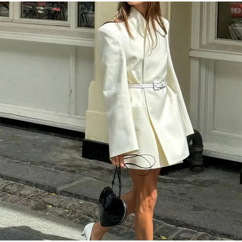 Flytonn-Elegant white lapel flared sleeve jacket 2024 Europe and America autumn winter new fashion women's pocket commuter coat dress