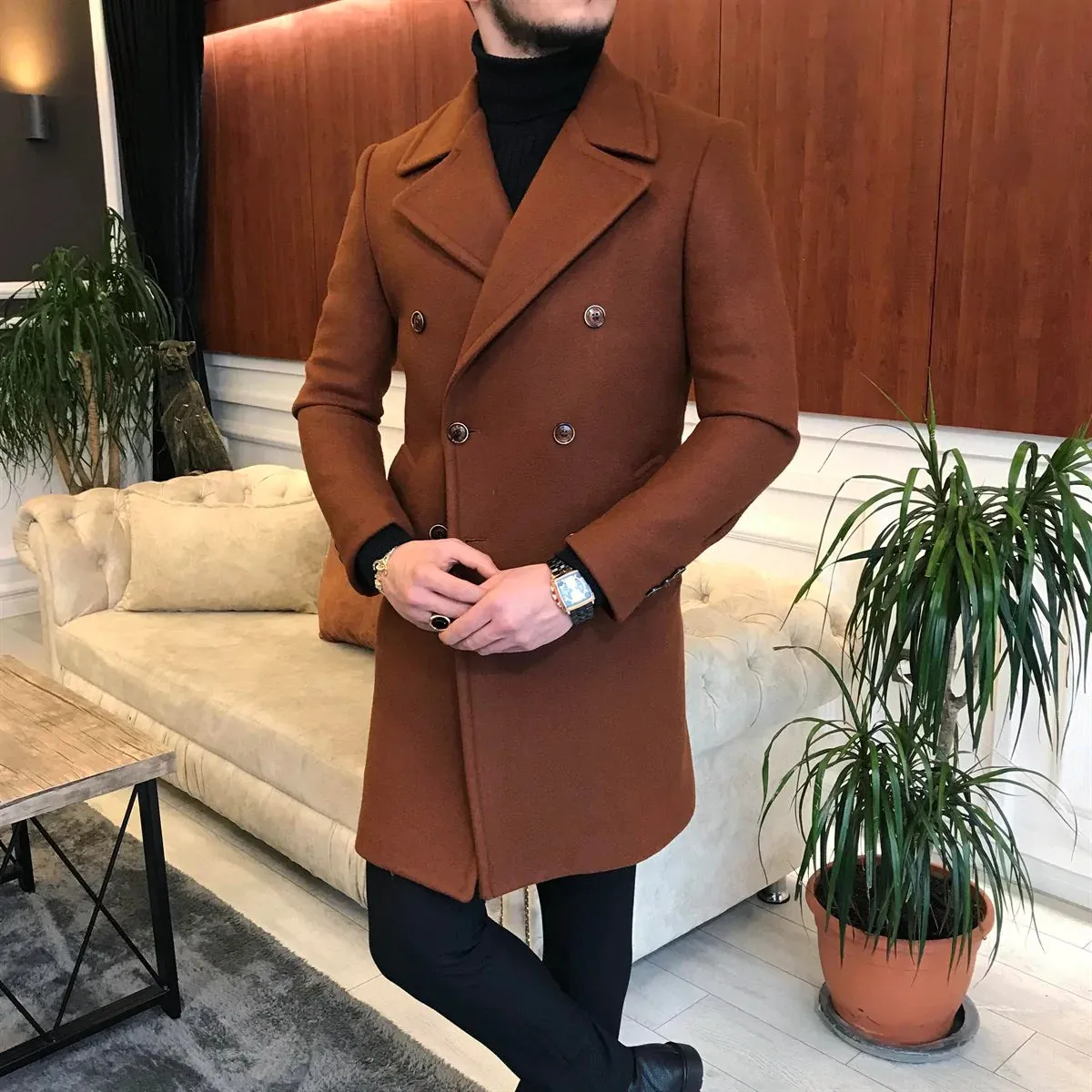 Frost Slim Fit Brown Double Breasted Wool Coat by Italian Vega®