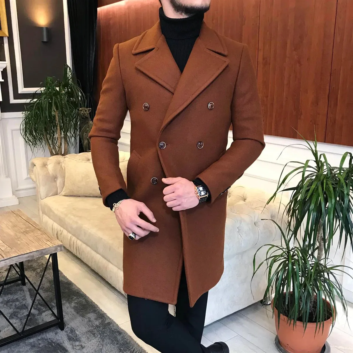 Frost Slim Fit Brown Double Breasted Wool Coat by Italian Vega®