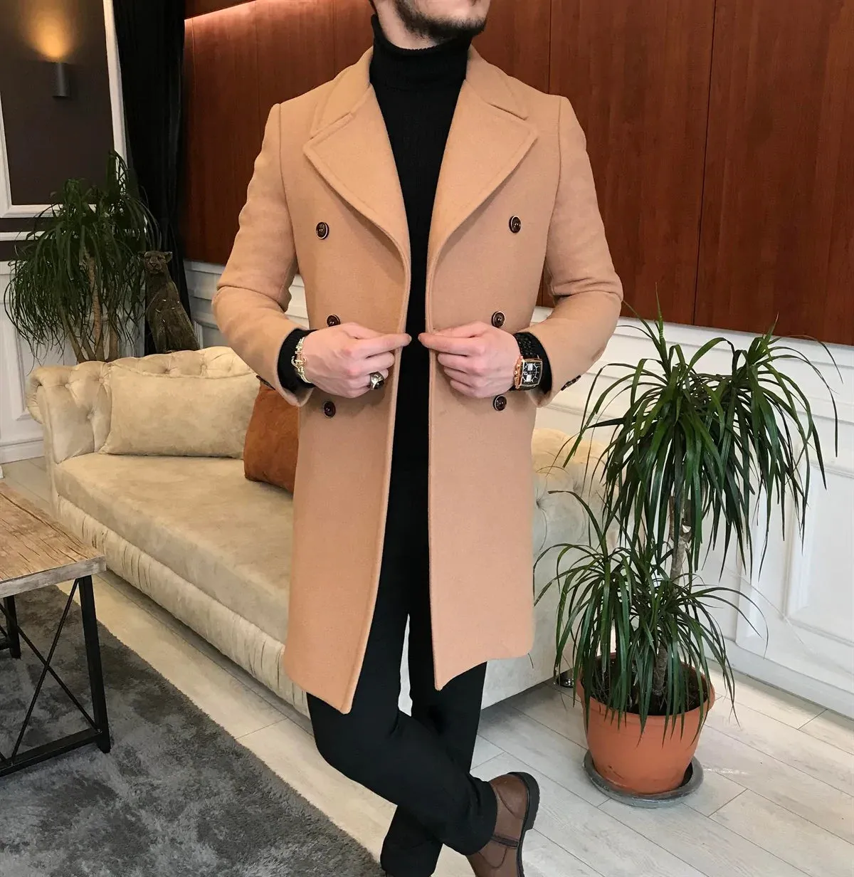 Frost Slim Fit Camel Double Breasted Wool Coat by Italian Vega®