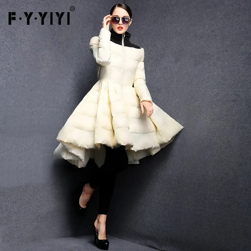 FYYIYI Pleated Wave Skirt 2018 New Fashion Women Winter Down Jackets Warm Long Slim Coat Female Big Swing Ladies Outwear Dress