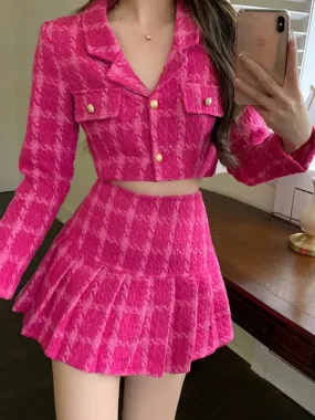 Getadme Fall Small Fragrance Vintage Tweed Two Piece Set Women Crop Top Woolen Short Jacket Coat   Mini Skirts Sets Sweet 2 Piece Suits