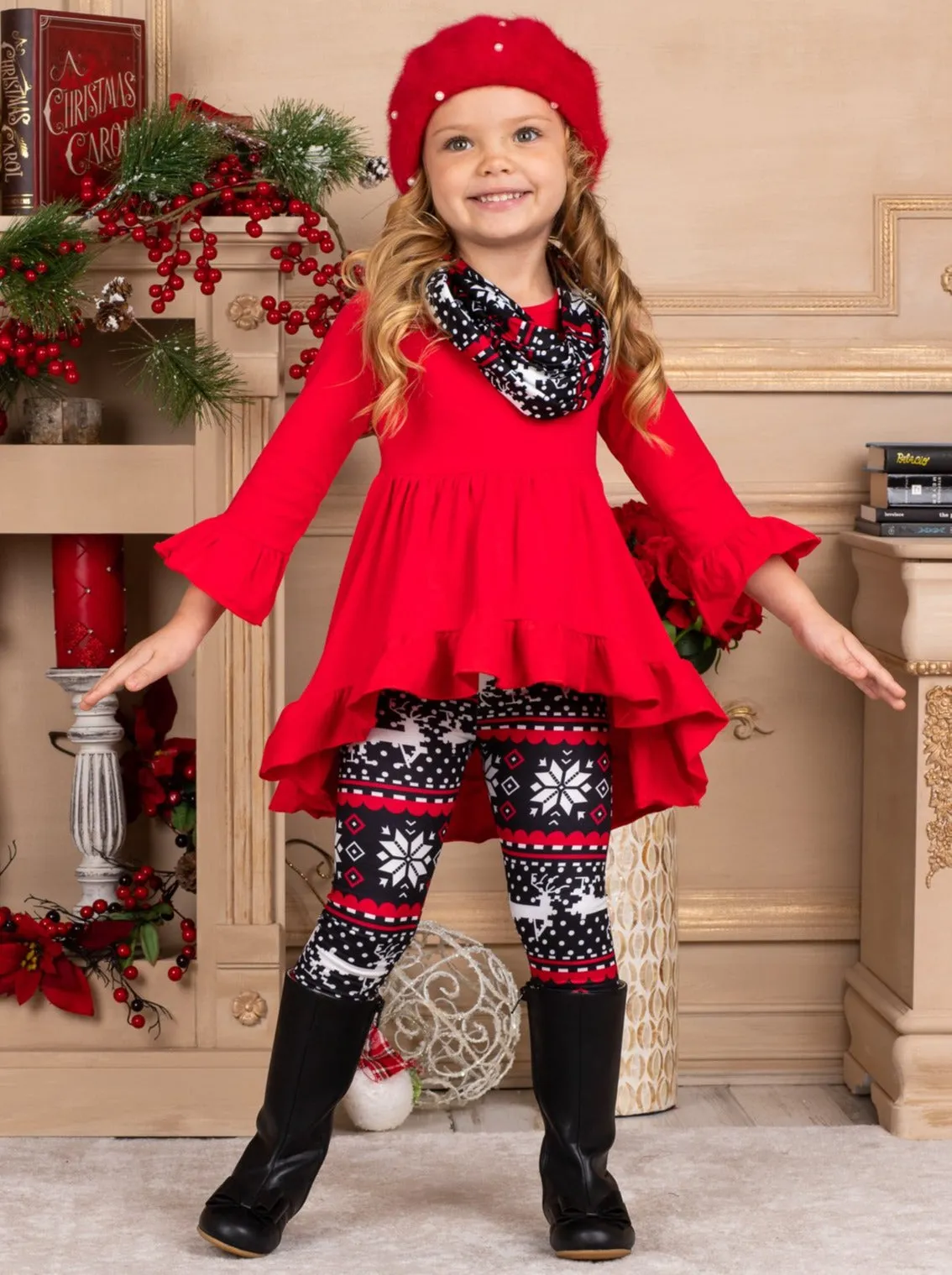 Girls Red And Black Long Sleeve Ruffled Tunic, Winter Print Leggings And Scarf Set