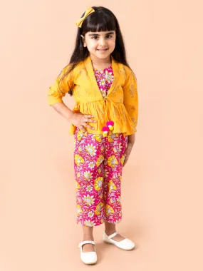 Girls Yellow Purple Printed Clothing Set With Coat - Ps Peaches