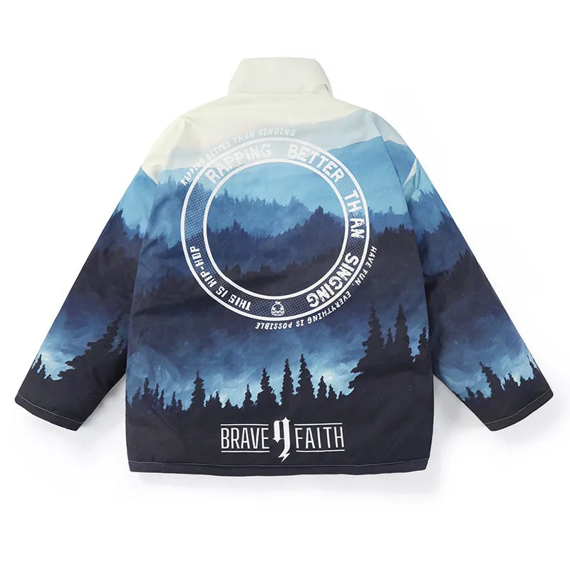 Gradient Illustration Print Drop-Shoulder Sleeve Down Jacket