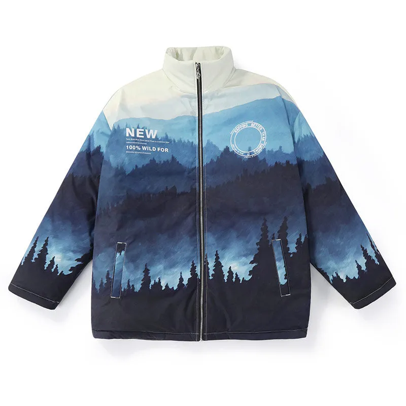 Gradient Illustration Print Drop-Shoulder Sleeve Down Jacket