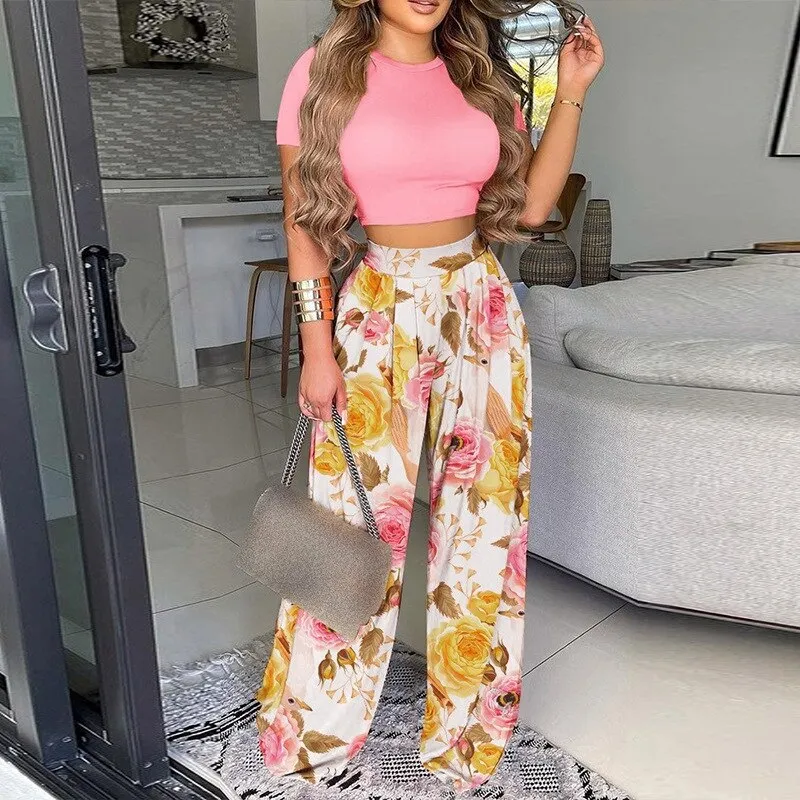 Graduation Gifts New Summer Women Two Piece Sets Elegant Print Office Outfits O Neck Short Sleeve T-shirt  Pullover   Wide Leg Pants Woman Suits