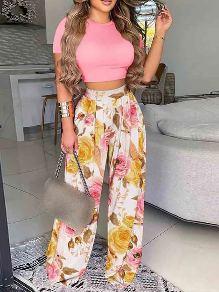 Graduation Gifts New Summer Women Two Piece Sets Elegant Print Office Outfits O Neck Short Sleeve T-shirt  Pullover   Wide Leg Pants Woman Suits