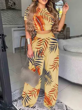 Graduation Gifts New Summer Women Two Piece Sets Elegant Print Office Outfits O Neck Short Sleeve T-shirt  Pullover   Wide Leg Pants Woman Suits