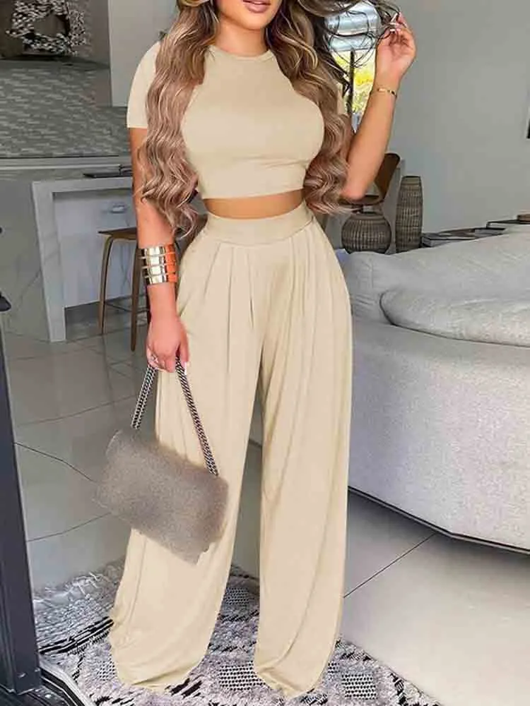 Graduation Gifts New Summer Women Two Piece Sets Elegant Print Office Outfits O Neck Short Sleeve T-shirt  Pullover   Wide Leg Pants Woman Suits