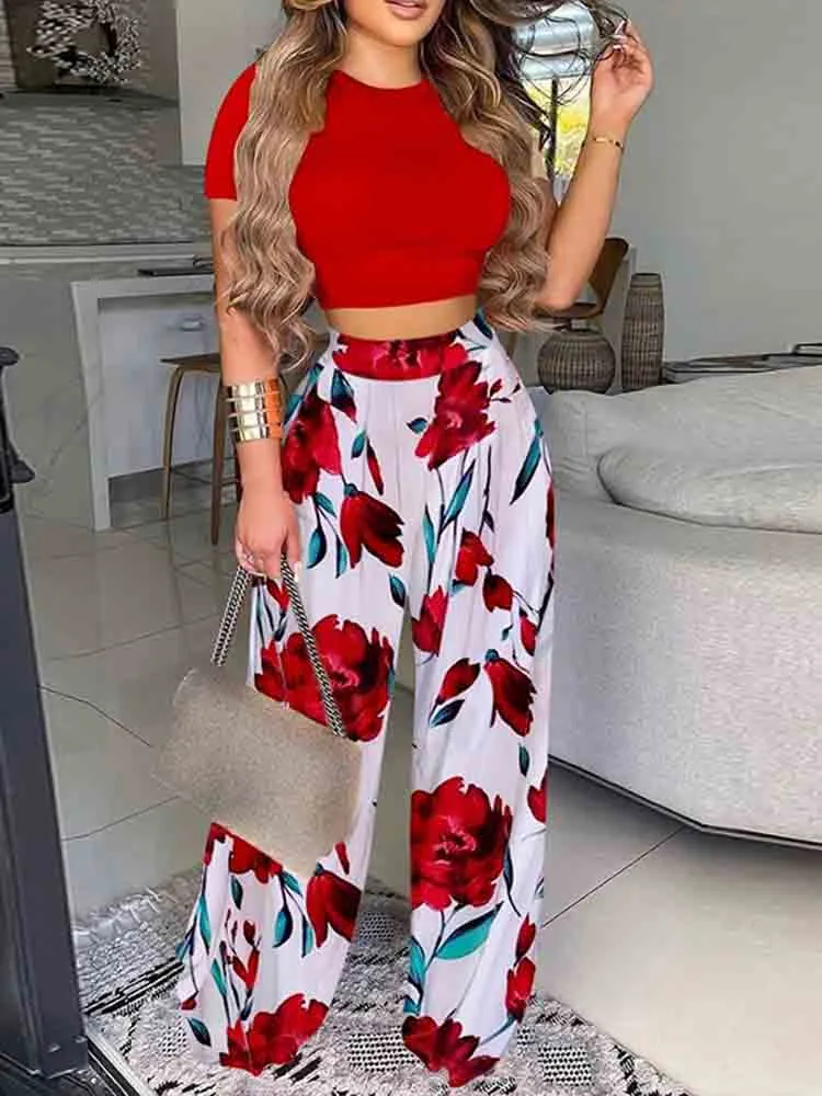 Graduation Gifts New Summer Women Two Piece Sets Elegant Print Office Outfits O Neck Short Sleeve T-shirt  Pullover   Wide Leg Pants Woman Suits