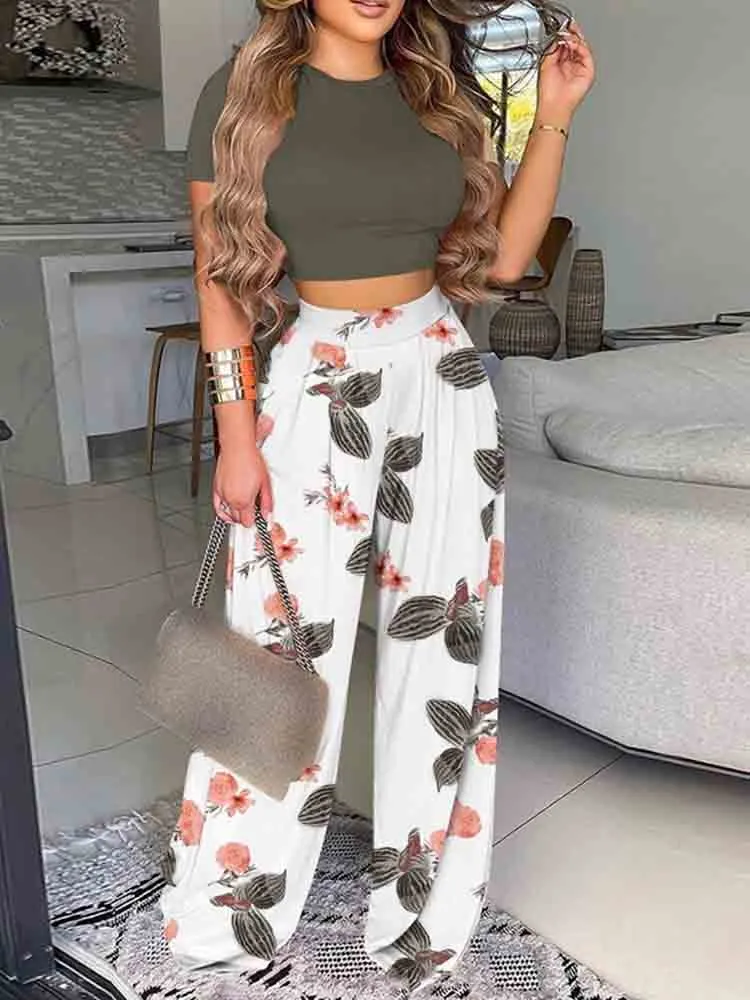 Graduation Gifts New Summer Women Two Piece Sets Elegant Print Office Outfits O Neck Short Sleeve T-shirt  Pullover   Wide Leg Pants Woman Suits