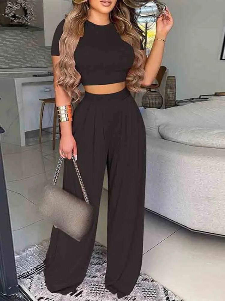 Graduation Gifts New Summer Women Two Piece Sets Elegant Print Office Outfits O Neck Short Sleeve T-shirt  Pullover   Wide Leg Pants Woman Suits