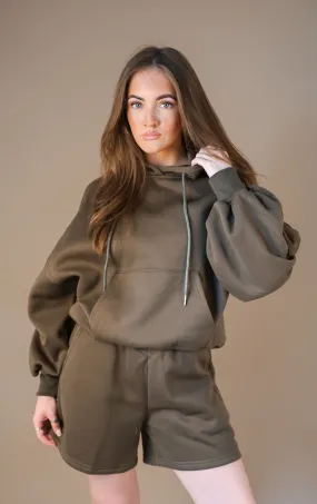 Green Tracksuit Ruched Hoodie and Shorts Set