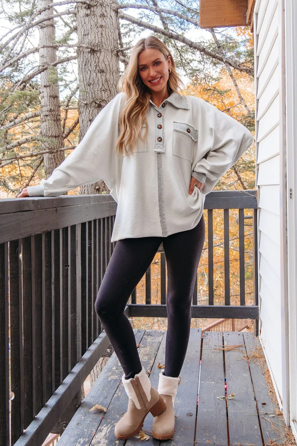 Heather Grey Button Up Thermal Pullover