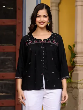 Jashvi Black Rayon Gathered Embroidered Tunic With Buttons